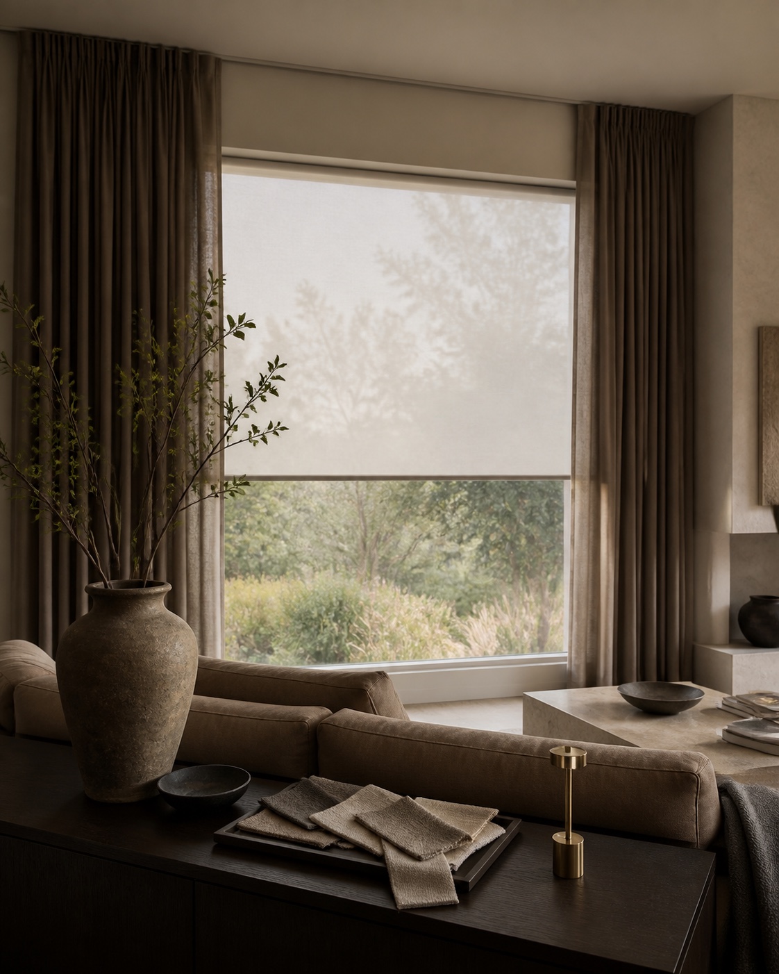 Luxury living room with layered curtains, a roller blind and material samples