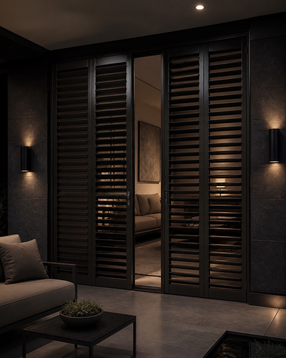 Charcoal aluminium plantation shutters in a moody outdoor room