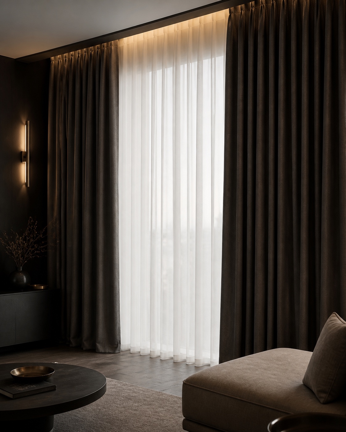 Floor-to-ceiling bespoke curtains with an ivory sheer layer