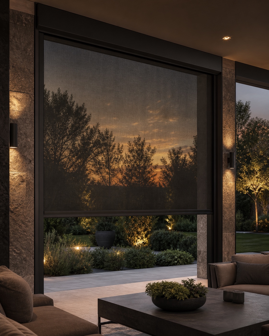 Guided outdoor screen blind filtering a landscaped sunset view