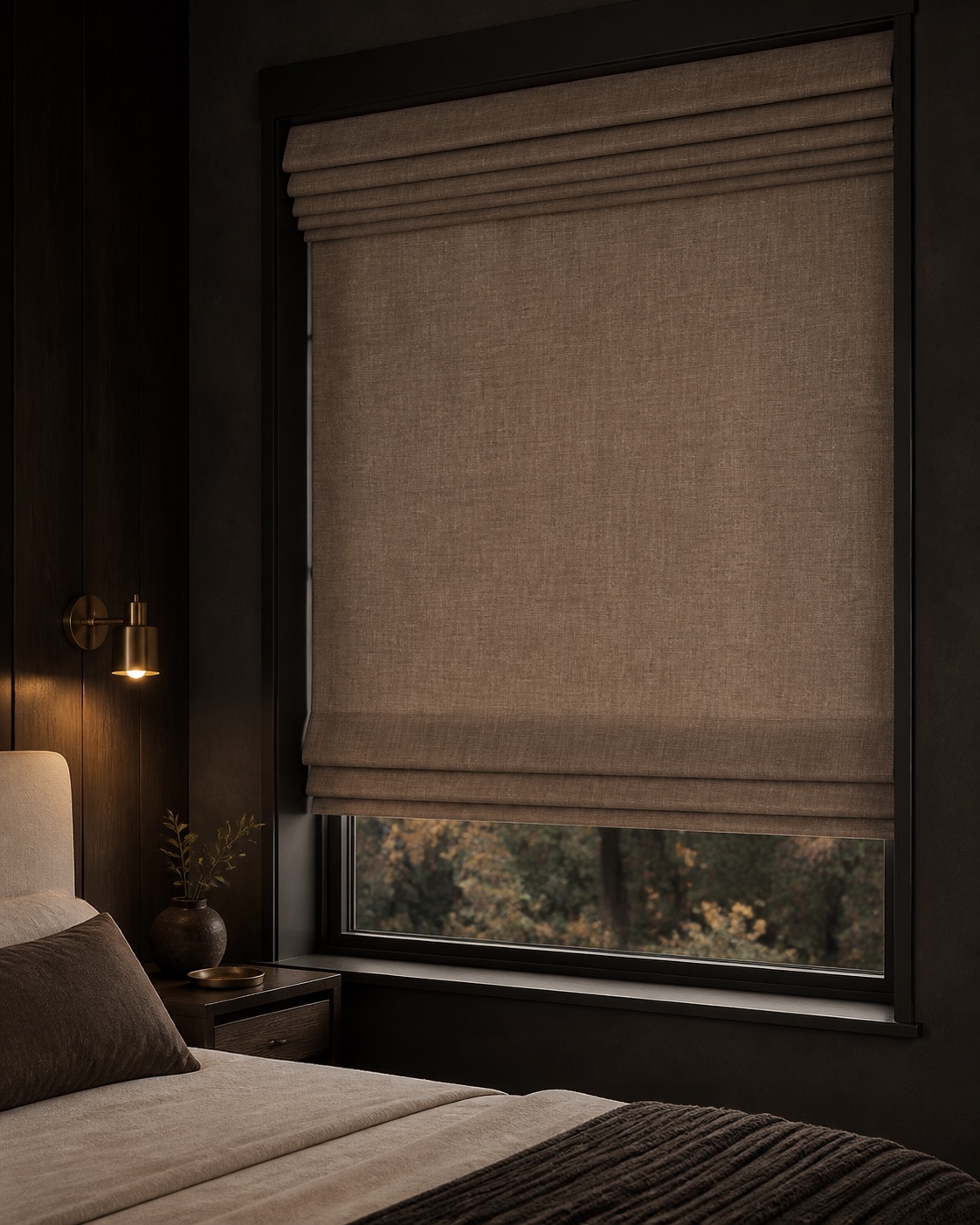 Tailored taupe Roman blind in an intimate luxury bedroom