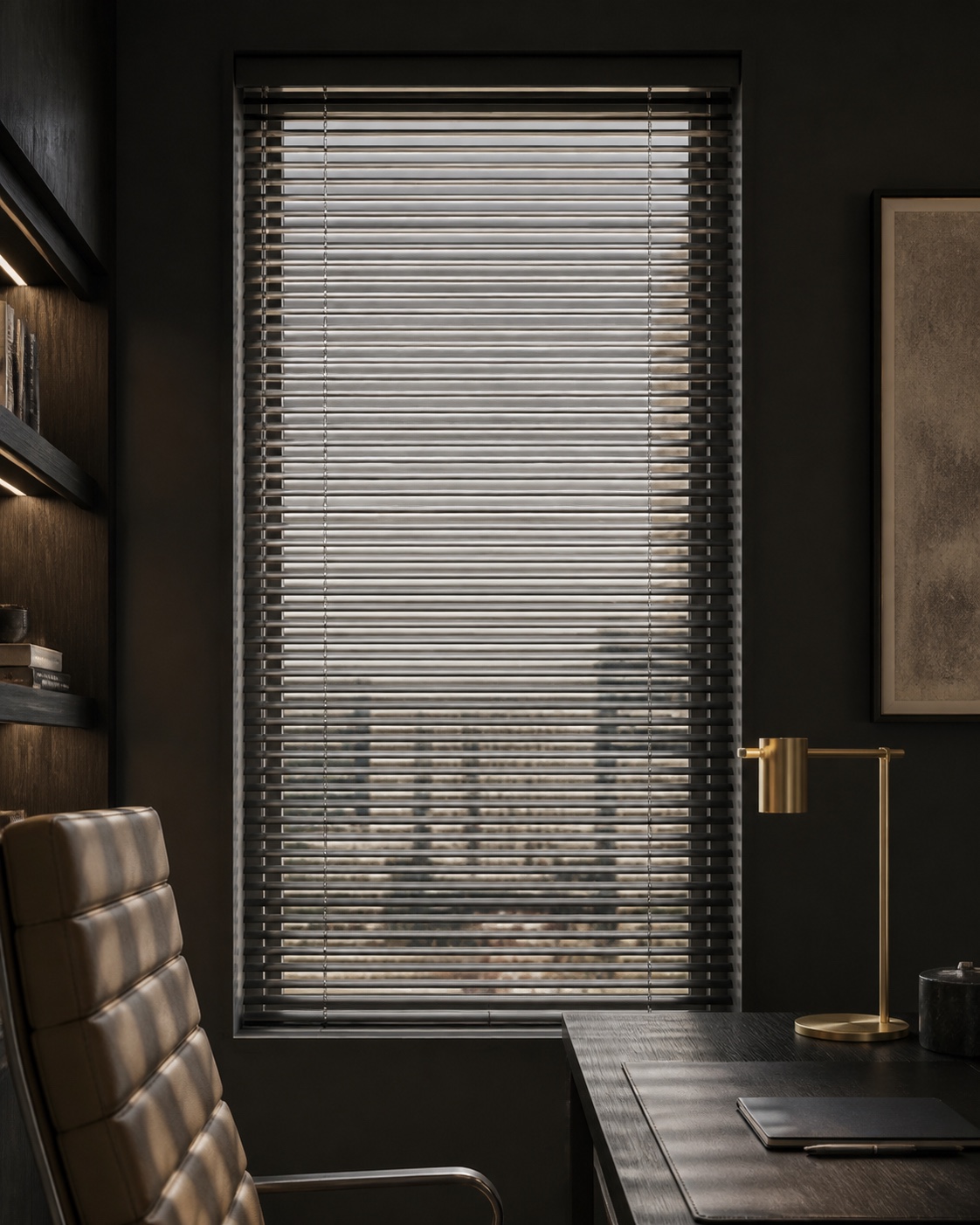 Slim graphite aluminium Venetian blinds in a moody study