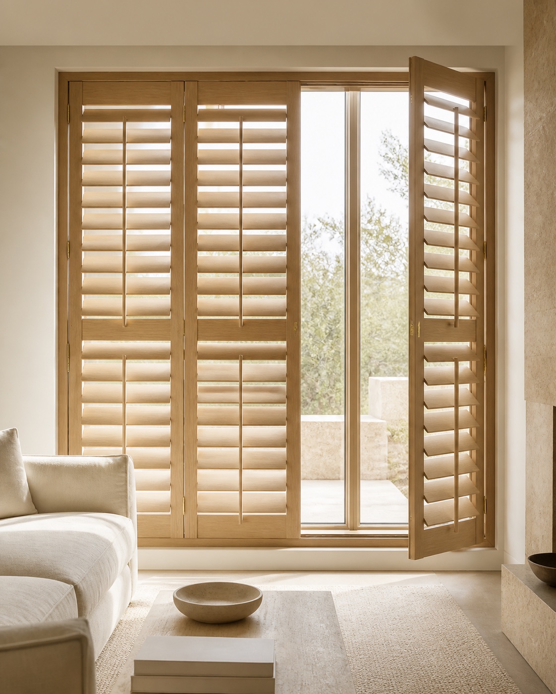 Natural-oak plantation shutters in a light modern living room